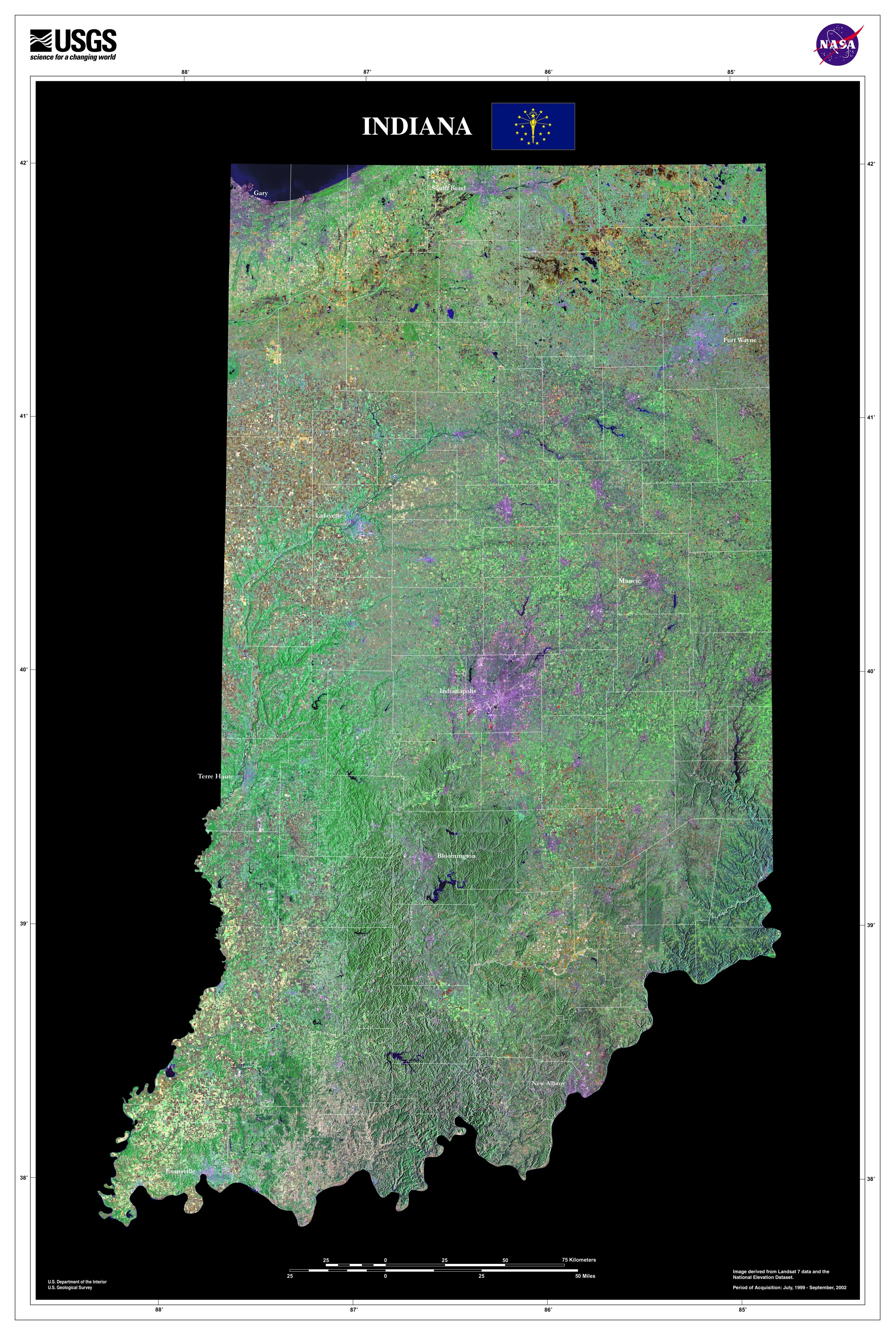  Satellite image of The State of Indiana, created from merging several Landsat images together. 